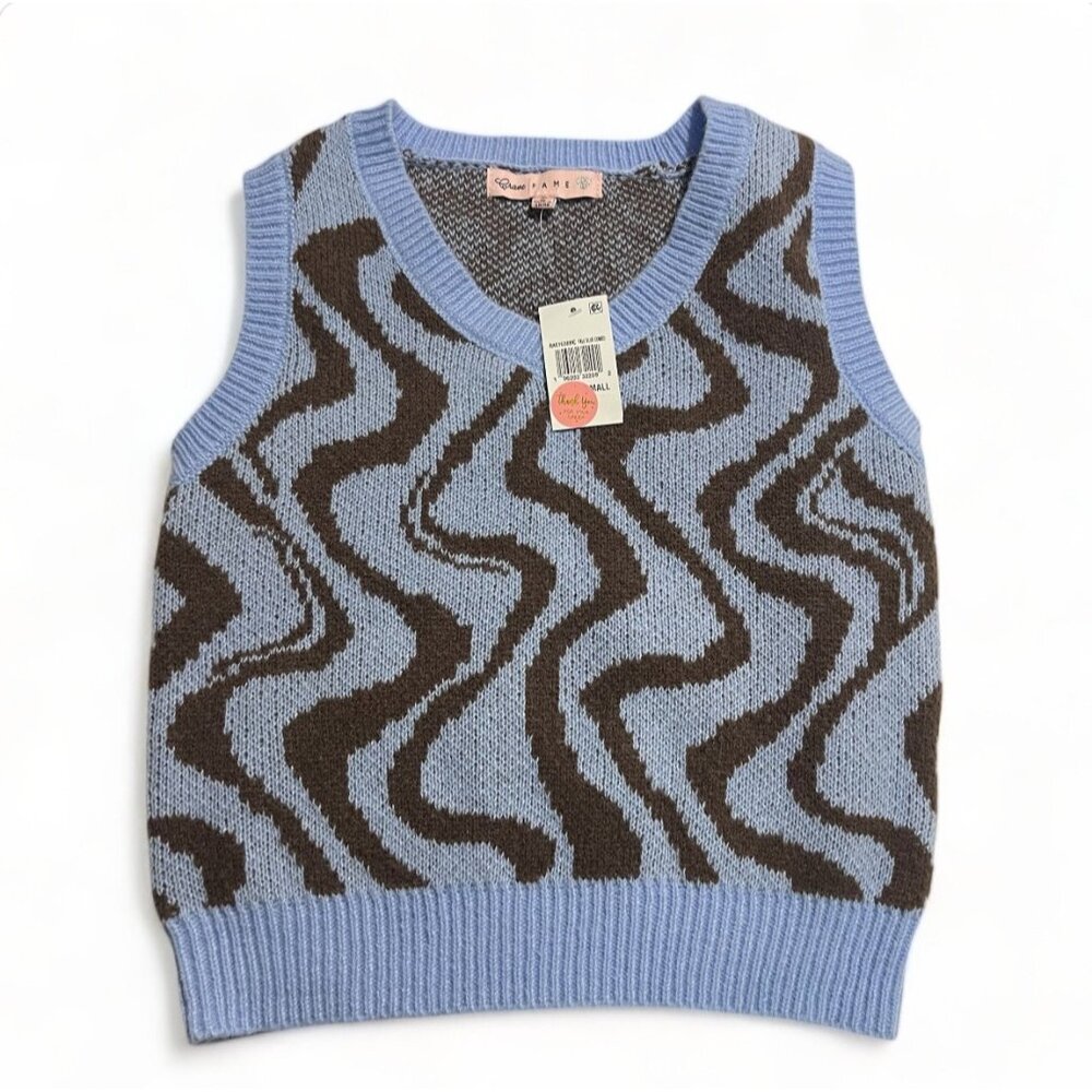 Crave Fame Juniors' Printed Sweater Vest - Pale Blue Combo, Size S, New - Picture 2 of 9